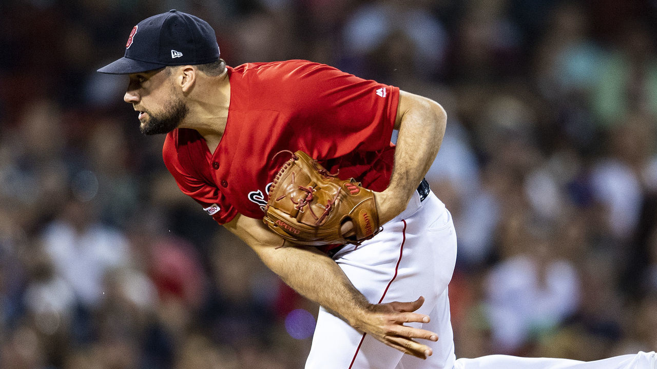 BOSTON, MA - AUGUST 9: Nathan Eovaldi #17 of the Boston Red Sox delivers during the sixth inning of a game against the Los Angeles Angels of Anaheim on August 9, 2019 at Fenway Park in Boston, Massachusetts.
