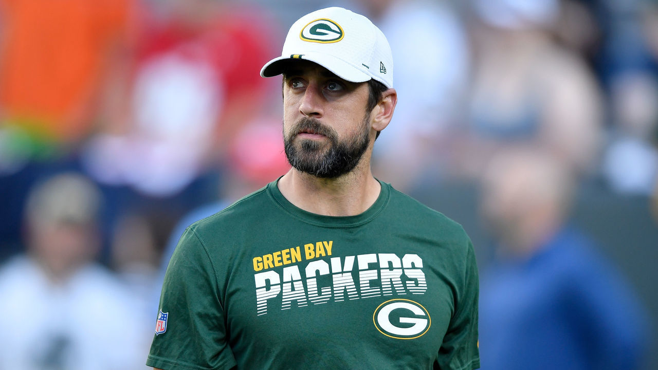 GREEN BAY, WISCONSIN - AUGUST 08: Aaron Rodgers #12 of the Green Bay Packers walks across the field before a preseason game against the Houston Texans at Lambeau Field on August 08, 2019 in Green Bay, Wisconsin.