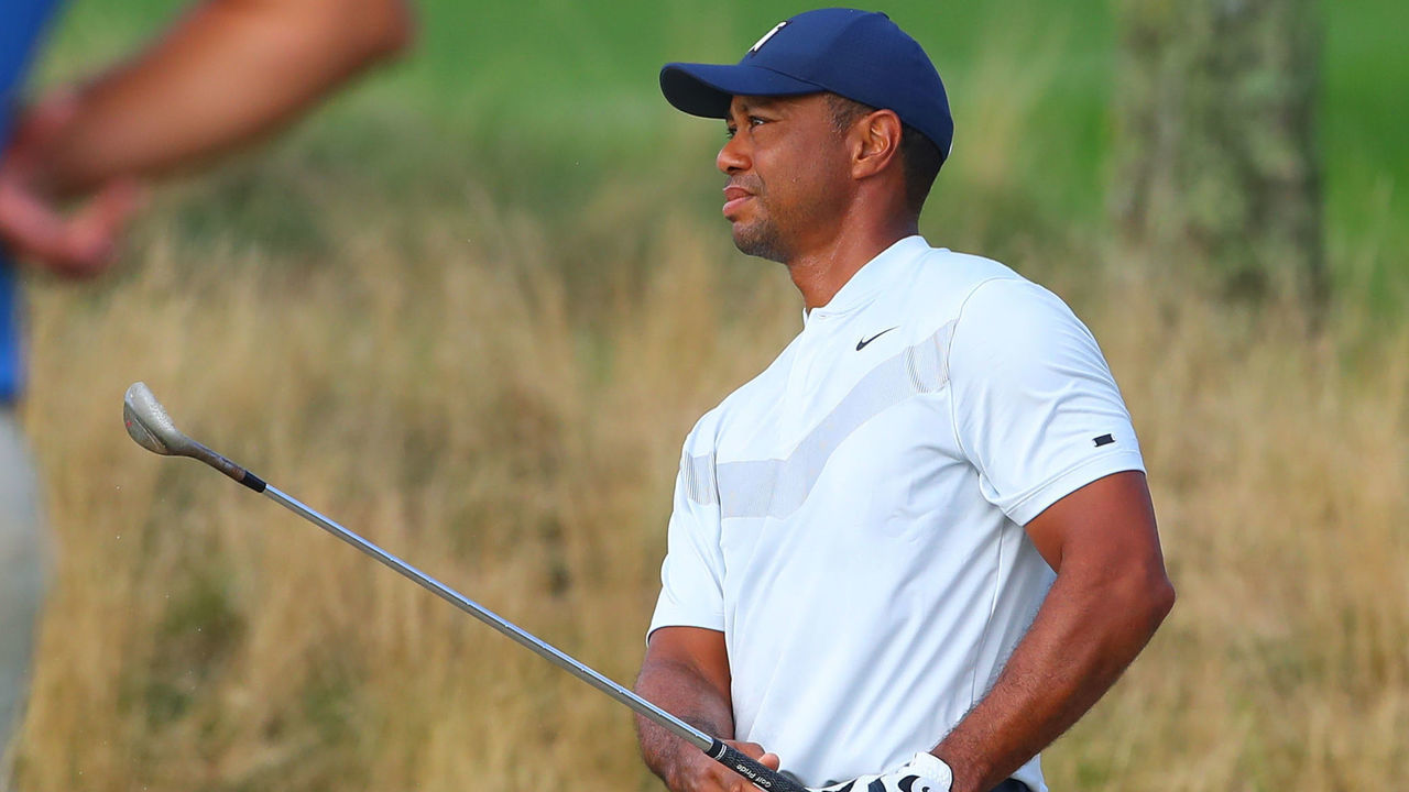 JERSEY CITY, NJ - AUGUST 08: Tiger Woods in the bunker on the 12th hole during the first round of The Northern Trust golf tournament the first event of the FEDEXCUP Playoffs on August 8, 2019 at Liberty National Golf Club in Jersey City, NJ.