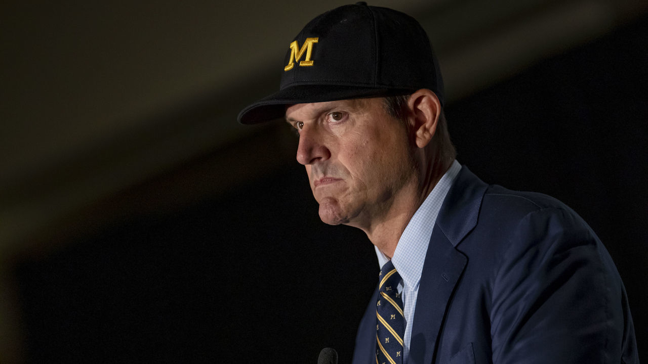 CHICAGO, IL - JUL 19: Michigan Wolverines head coach Jim Harbaugh is seen at Big Ten football media days on July 19, 2019 in Chicago, Illinois.
