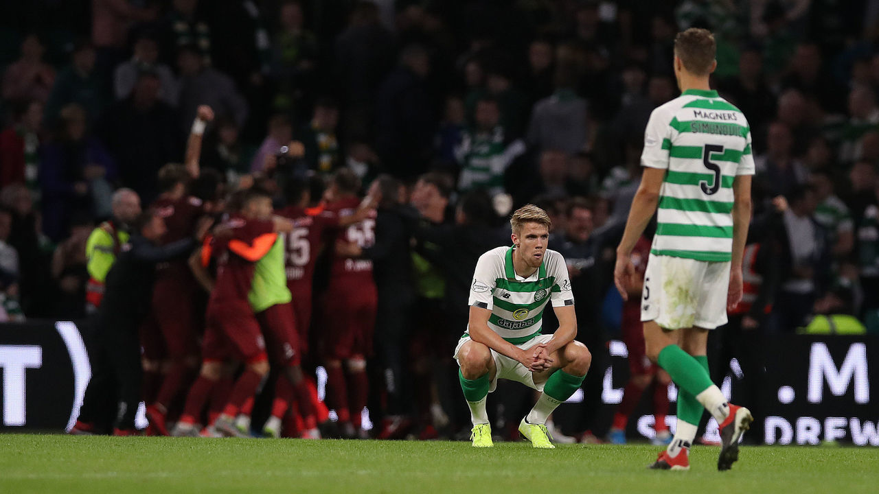 GLASGOW, SCOTLAND - AUGUST 13: Kristoffer Ajer of Celtic reacts at full time during the UEFA Champions League, third qualifying round, second leg match between Celtic and CFR Cluj at Celtic Park on August 13, 2019 in Glasgow, Scotland.