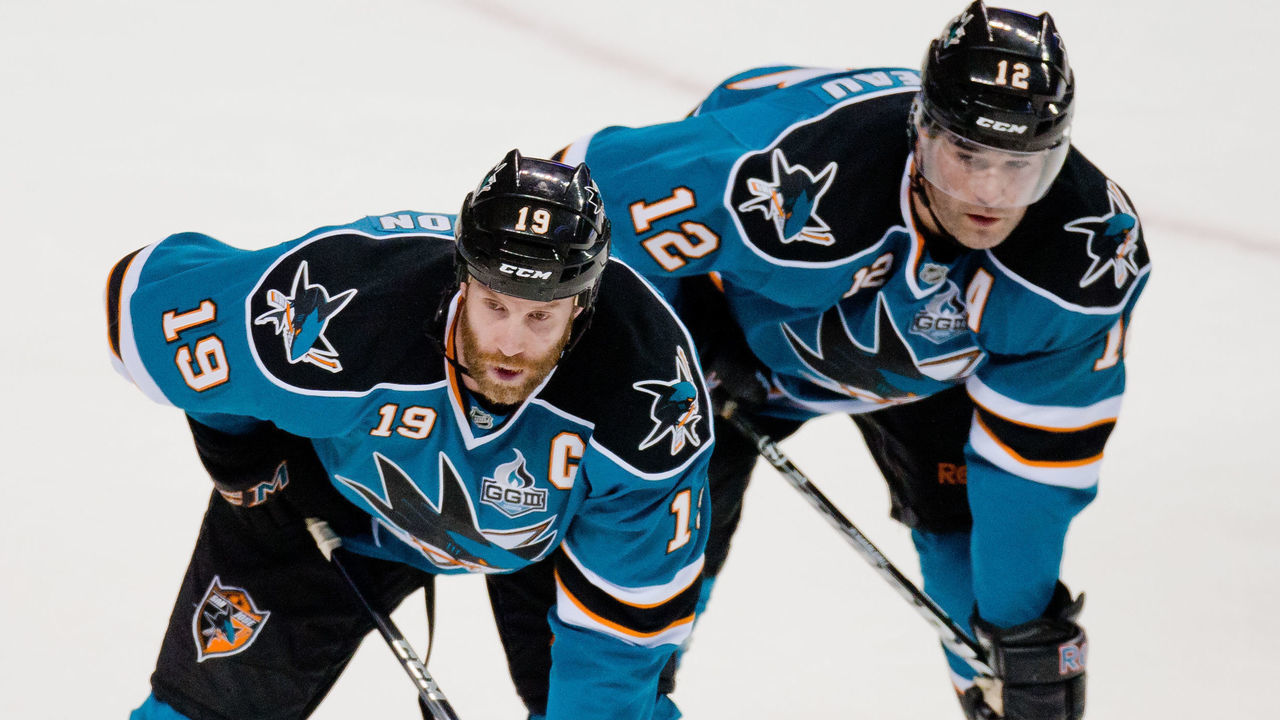 February 2, 2013: San Jose Sharks center Patrick Marleau (12) and San Jose Sharks center Joe Thornton (19) wait for the drop.The San Jose Sharks are tied with the Nashville Predators 0-0 and the end of the first period in HP Pavilion in San Jose California, USA.