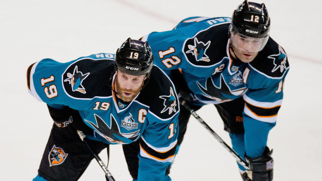 February 2, 2013: San Jose Sharks center Patrick Marleau (12) and San Jose Sharks center Joe Thornton (19) wait for the drop.The San Jose Sharks are tied with the Nashville Predators 0-0 and the end of the first period in HP Pavilion in San Jose California, USA.