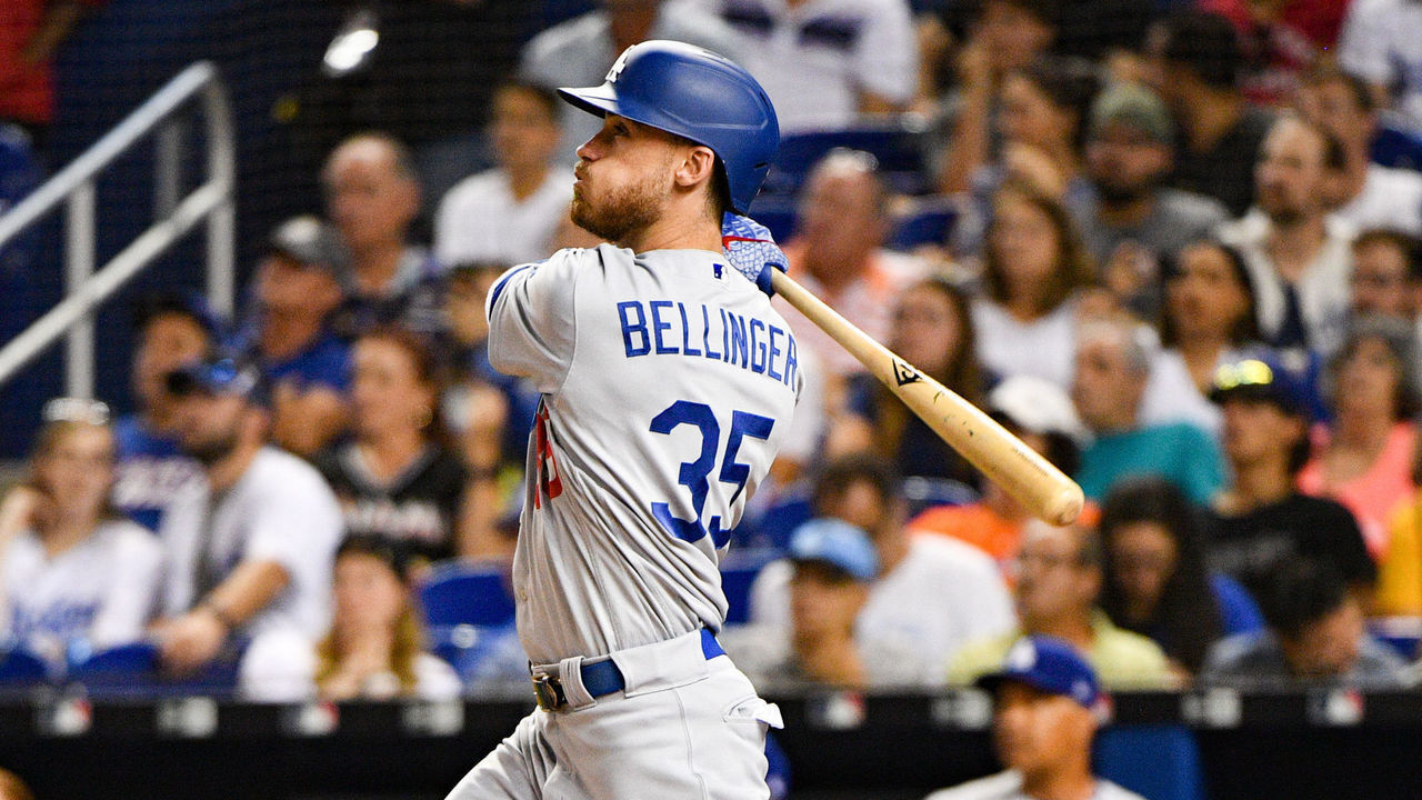 MIAMI, FL - AUGUST 13: Cody Bellinger #35 of the Los Angeles Dodgers hits his 39th homerun of the season in the seventh inning against the Miami Marlins at Marlins Park on August 13, 2019 in Miami, Florida.