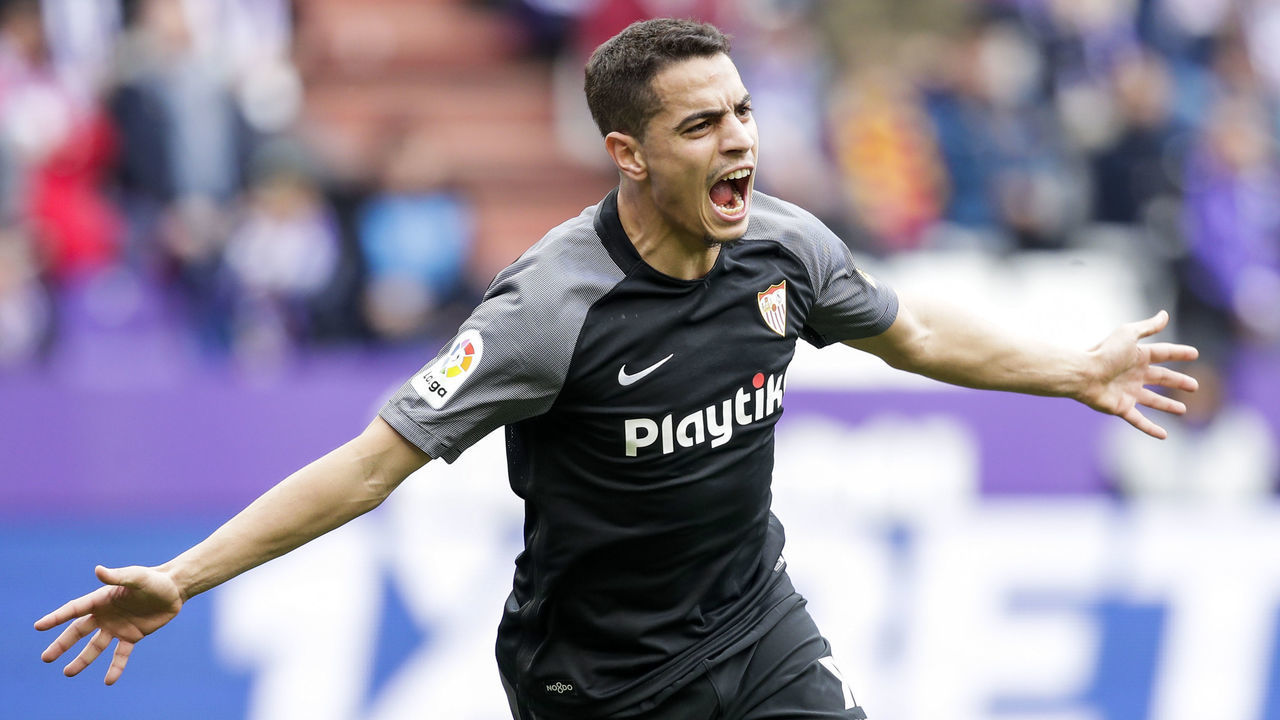 VALLADOLID, SPAIN - APRIL 7: Wissam Ben Yedder of Sevilla FC celebrates a cancelled goal during the La Liga Santander match between Real Valladolid v Sevilla at the Estadio Nuevo José Zorrilla on April 7, 2019 in Valladolid Spain