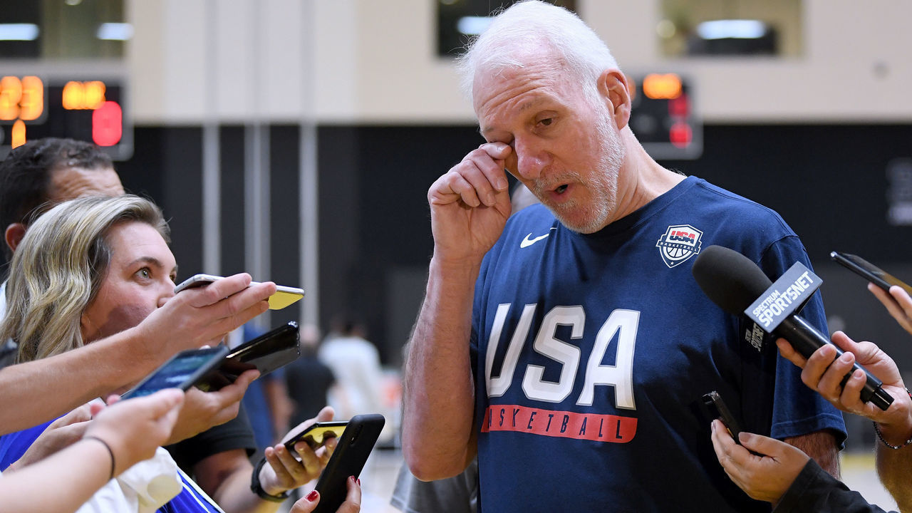 EL SEGUNDO, CALIFORNIA - AUGUST 13: Head coach Gregg Popovich speaks to the media on the court during the 2019 USA Men's National Team World Cup training camp at UCLA Health Training Center on August 13, 2019 in El Segundo, California.