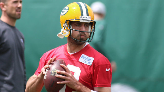 GREEN BAY, WI - MAY 29: Green Bay Packers quarterback Aaron Rodgers (12) goes back to pass during Green Bay Packers OTA at Clarke Hinkle Field on May 29, 2019 in Green Bay, WI.