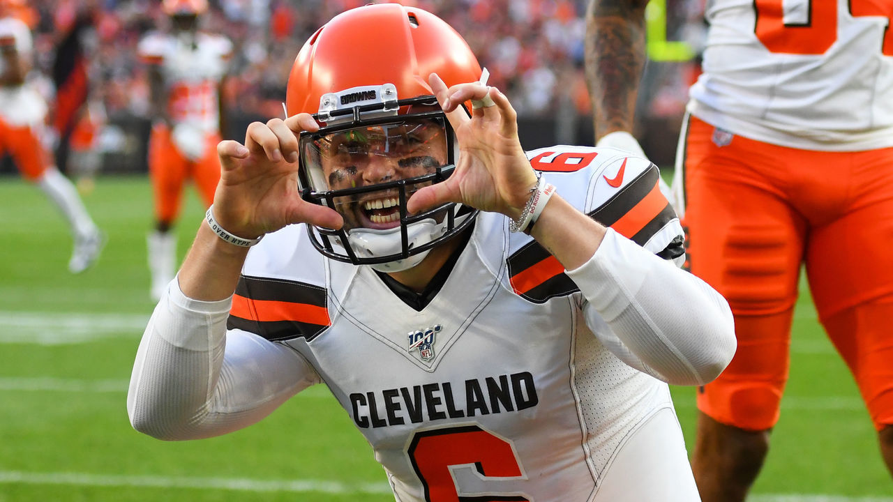 CLEVELAND, OH - AUGUST 8, 2019: Quarterback Baker Mayfield #6 of the Cleveland Browns celebrates after throwing a touchdown pass in the first quarter of a preseason game against the Washington Redskins on August 8, 2019 at FirstEnergy Stadium in Cleveland, Ohio. Cleveland won 30-10. (Photo by: 2019 Nick Cammett/Diamond Images via Getty Images)