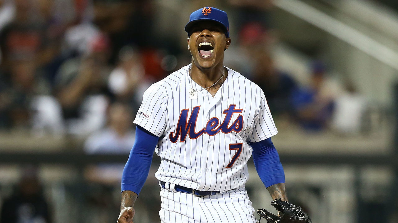 NEW YORK, NEW YORK - AUGUST 09: Marcus Stroman #7 of the New York Mets reacts after striking out Stephen Strasburg #37 of the Washington Nationals to end the top of the sixth inning at Citi Field on August 09, 2019 in New York City.