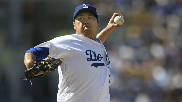 LOS ANGELES, CA - JUNE 22: Hyun-Jin Ryu #99 of the Los Angeles Dodgers pitches to the Colorado Rockies in the first inning at Dodger Stadium on June 22, 2019 in Los Angeles, California.