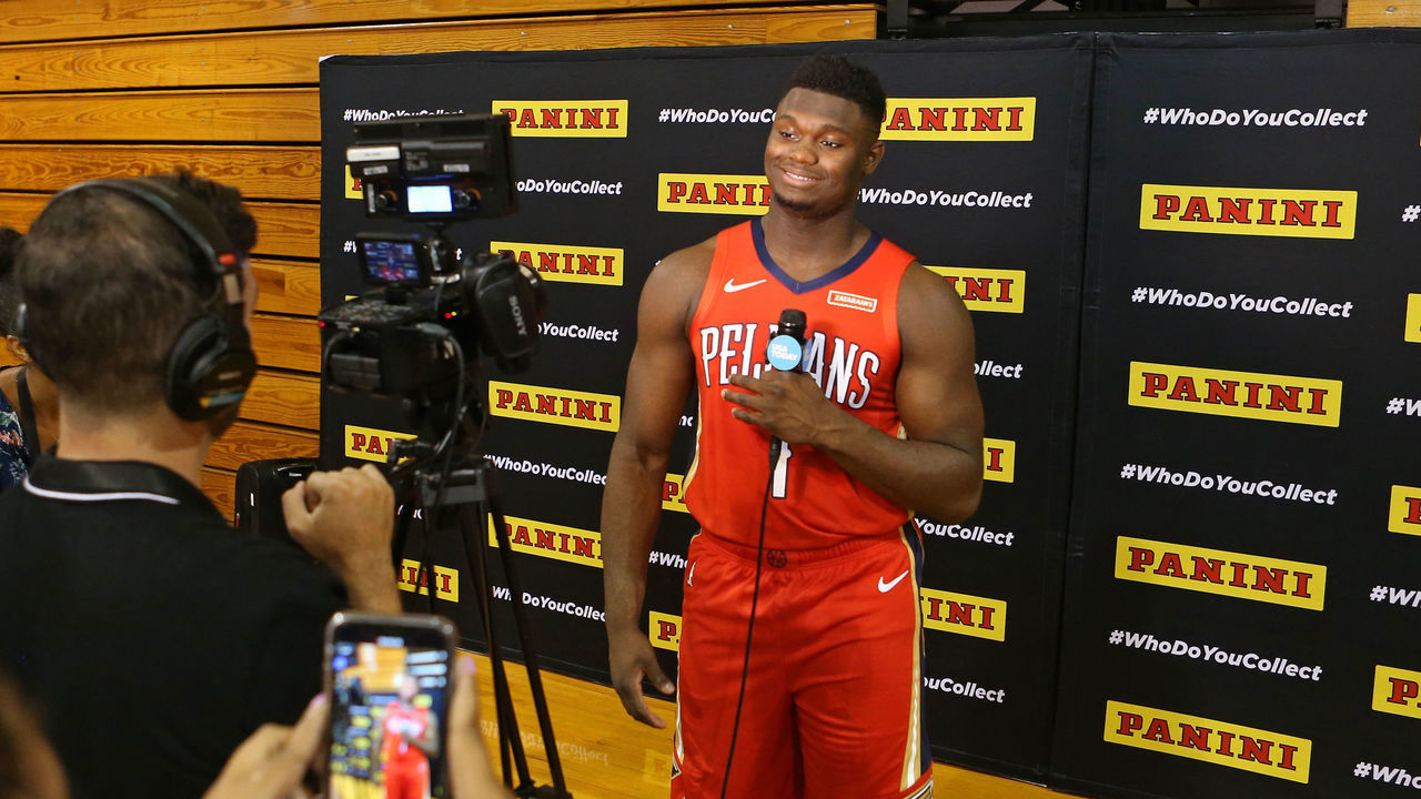 MADISON, NJ - AUGUST 11: A behind the scenes photo of Zion Williamson #1 of the New Orleans Pelicans doing an interview during the 2019 NBA Rookie Photo Shoot on August 11, 2019 at Fairleigh Dickinson University in Madison, New Jersey. Mandatory Copyright Notice: Copyright 2019 NBAE