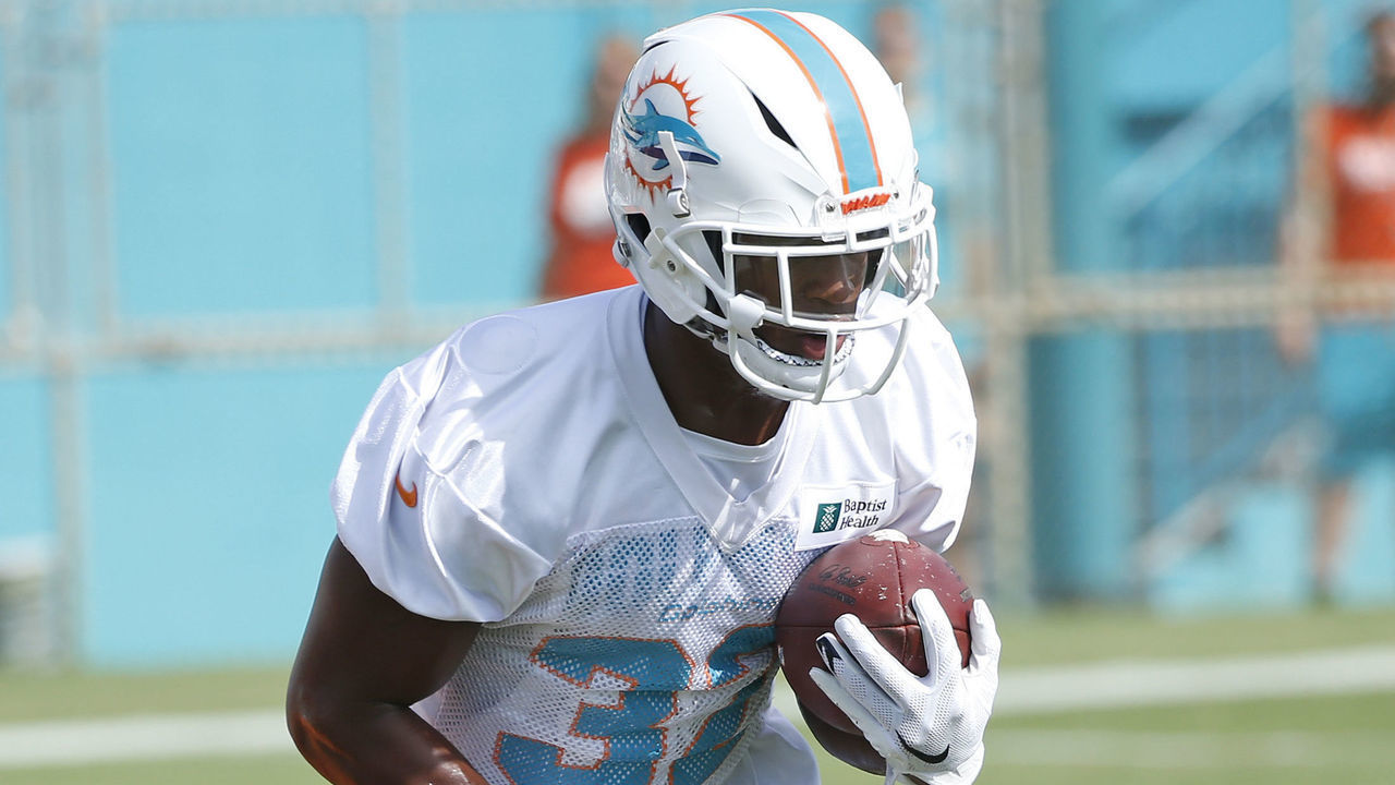 DAVIE, FL - JULY 25: Kenyan Drake #32 of the Miami Dolphins runs with the ball during the Miami Dolphins Training Camp on July 25, 2019 at the Miami Dolphins training facility in Davie, Florida.