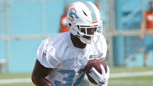 DAVIE, FL - JULY 25: Kenyan Drake #32 of the Miami Dolphins runs with the ball during the Miami Dolphins Training Camp on July 25, 2019 at the Miami Dolphins training facility in Davie, Florida.