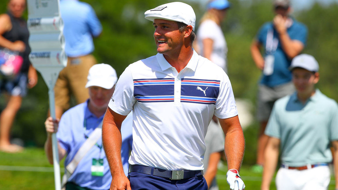 JERSEY CITY, NJ - AUGUST 11: Bryson DeChambeau on the 2nd tee during THE NORTHERN TRUST golf tournament on August 11, 2019 at Liberty National Golf Club in Jersey City, NJ.