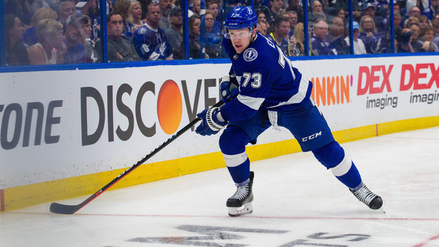 TAMPA, FL - APRIL 10: Adam Erne #73 of the Tampa Bay Lightning skates against the Columbus Blue Jackets in Game One of the Eastern Conference First Round during the 2019 NHL Stanley Cup Playoffs at at Amalie Arena on April 10, 2019 in Tampa, Florida. "n"n
