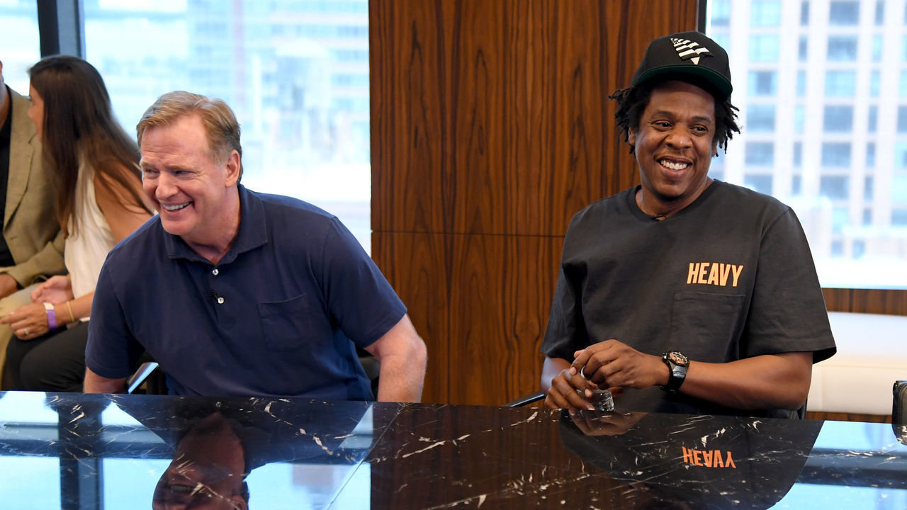 NEW YORK, NEW YORK - AUGUST 14: NFL Commissioner Roger Goodell and Jay Z at the Roc Nation and NFL Partnership Announcement at Roc Nation on August 14, 2019 in New York City.