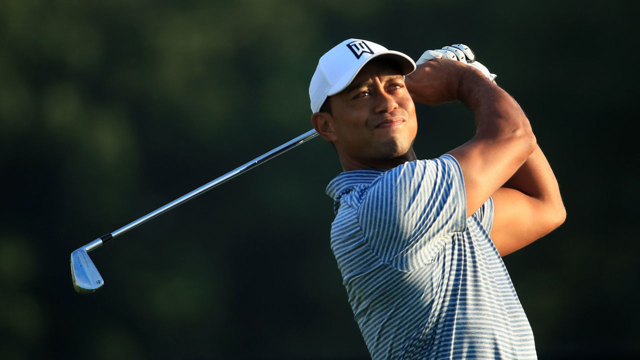 MEDINAH, ILLINOIS - AUGUST 13: Tiger Woods of the USA in action during practice for the BMW Championship at Medinah Country Club on August 13, 2019 in Medinah, Illinois.