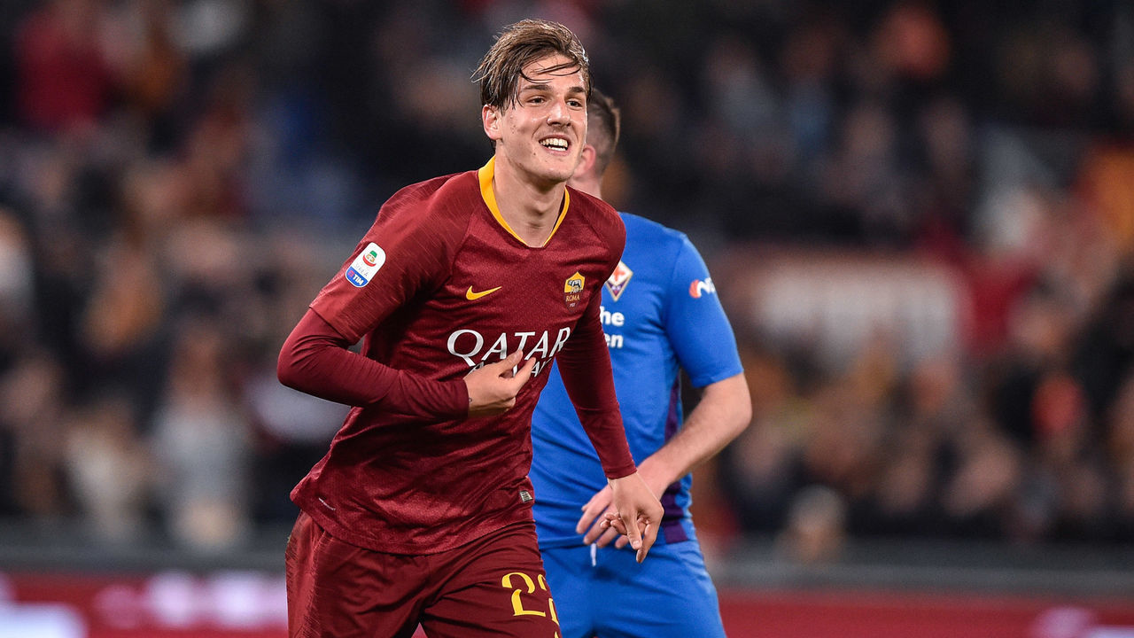 Nicolo' Zaniolo of AS Roma celebrates scoring first during the Serie A match between AS Roma and ACF Fiorentina at Stadio Olimpico, Rome, Italy on 3 April 2019.