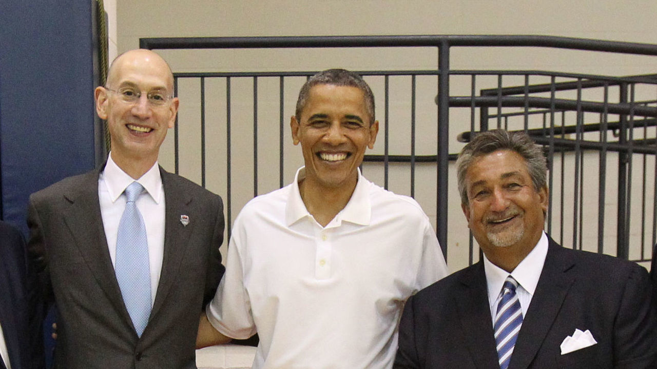 WASHINGTON, DC - JULY 16: (L-R) Jerry Colangelo, Chairman of USA Basketball, Charlie Denson, President of Nike Brand, NBA Deputy Commissioner Adam Silver, President of the United States of America Barack Obama, Ted Leonsis, Owner of the Washington Wizards, and Jim Tooley Executive Director of USA Basketball poses for a photo at the Verizon Center on July 16, 2012 in Washington, DC. Mandatory Copyright Notice: Copyright 2012 NBAE