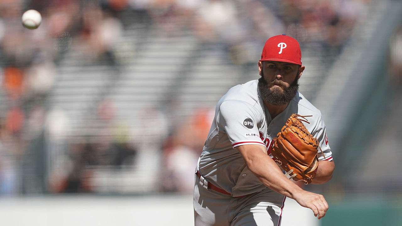SAN FRANCISCO, CA - AUGUST 11: Jake Arrieta #49 of the Philadelphia Phillies pitches against the San Francisco Giants in the bottom of the first inning at Oracle Park on August 11, 2019 in San Francisco, California.