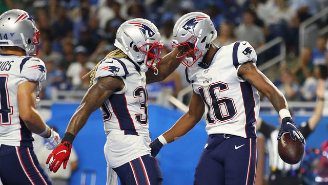 DETROIT, MICHIGAN - AUGUST 08: Jakobi Meyers #16 of the New England Patriots celebrates his second quarter touchdown with Brandon Bolden #38 while playing the Detroit Lions in a preseason game at Ford Field on August 08, 2019 in Detroit, Michigan.
