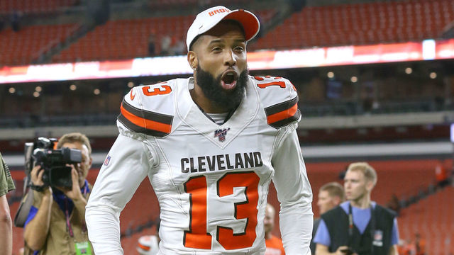 CLEVELAND, OH - AUGUST 08: Cleveland Browns wide receiver Odell Beckham Jr. (13) celebrates as he leaves the field following the National Football League preseason game between the Washington Redskins and Cleveland Browns on August 8, 2019, at FirstEnergy Stadium in Cleveland, OH.