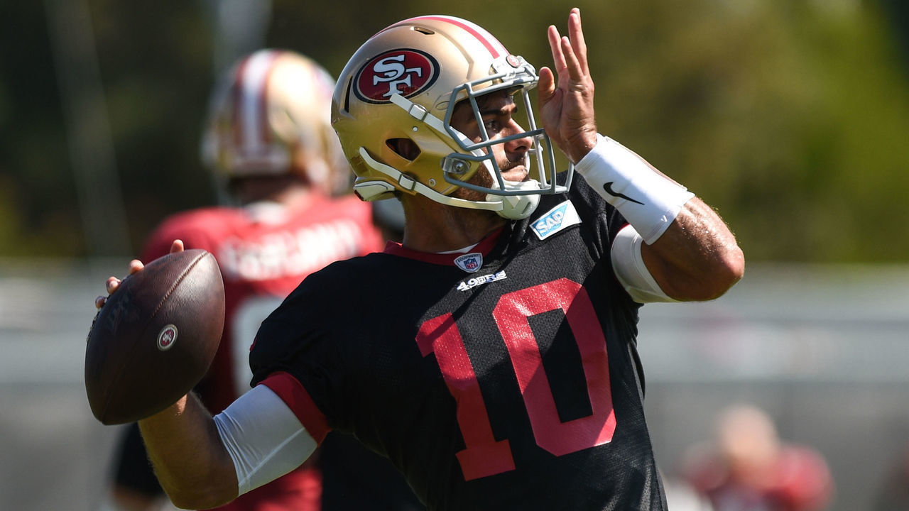 SANTA CLARA, CA - JULY 30: San Francisco 49ers quarterback Jimmy Garoppolo (10) throws during San Francisco 49ers training camp at SAP Performance Facility on July 30, 2019 in Santa Clara, CA.
