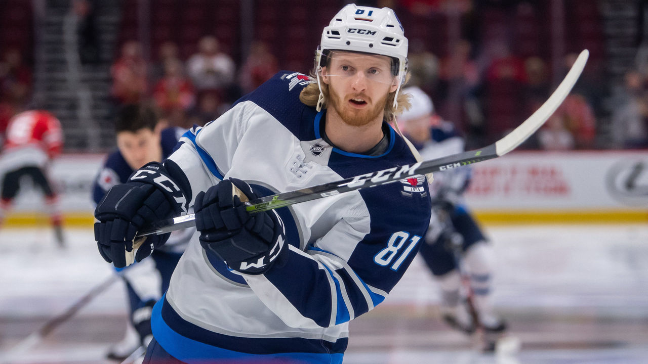 CHICAGO, IL - APRIL 01: Winnipeg Jets left wing Kyle Connor (81) warms up prior to a game against the Chicago Blackhawks on April 1, 2019, at the United Center in Chicago, IL.
