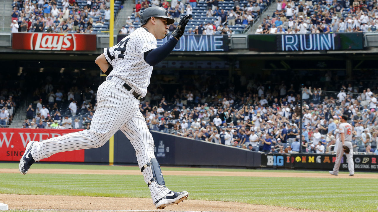 NEW YORK, NEW YORK - AUGUST 14: Gary Sanchez #24 of the New York Yankees runs the bases after his first inning three run home run against the Baltimore Orioles at Yankee Stadium on August 14, 2019 in New York City.