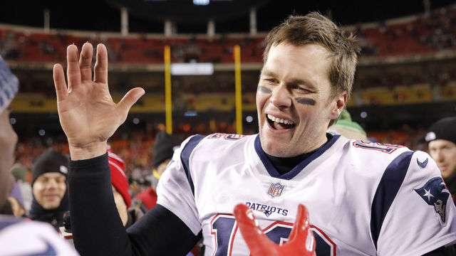 KANSAS CITY, MISSOURI - JANUARY 20: Tom Brady #12 of the New England Patriots reacts after defeating the Kansas City Chiefs in overtime during the AFC Championship Game at Arrowhead Stadium on January 20, 2019 in Kansas City, Missouri. The Patriots defeated the Chiefs 37-31.