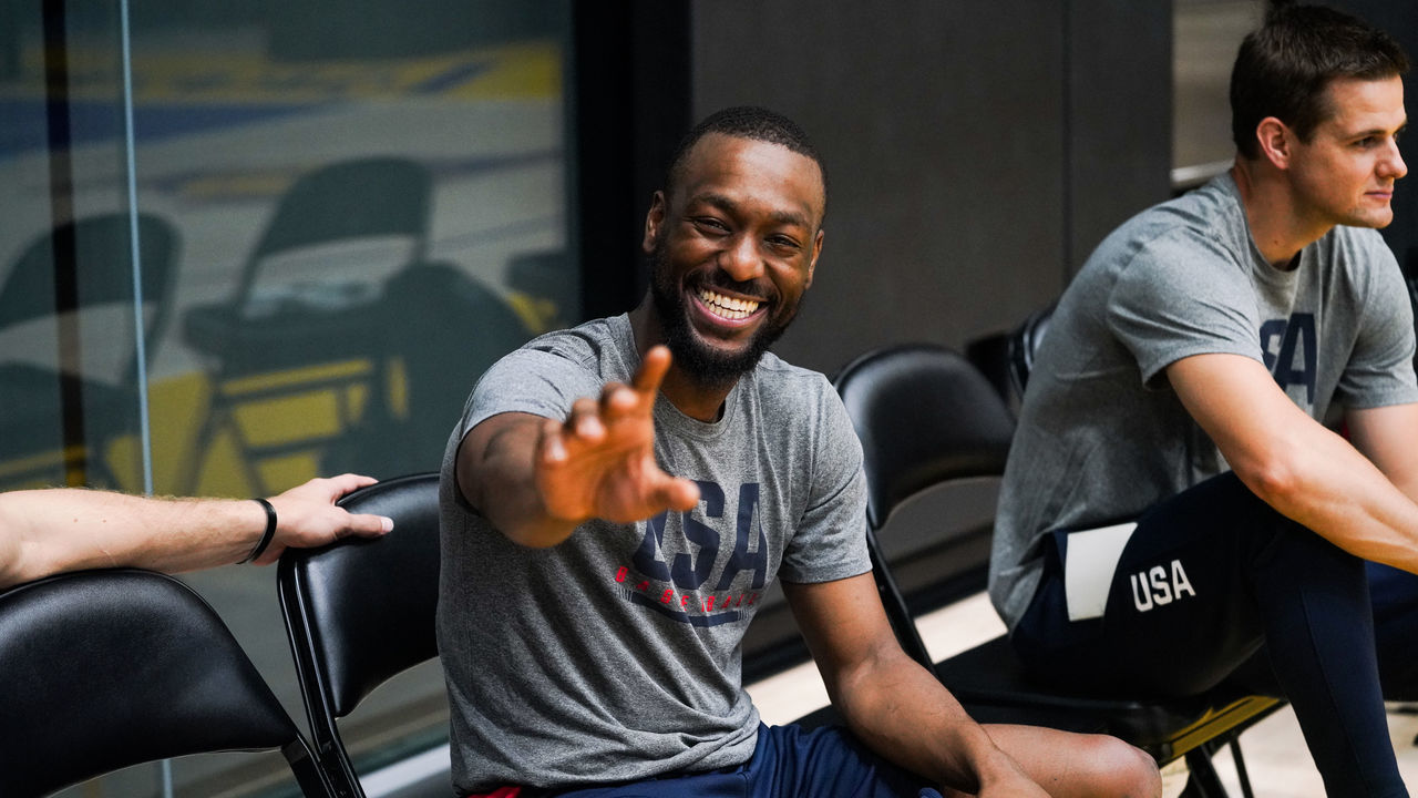 EL SEGUNDO, CALIFORNIA - AUGUST 13: Kemba Walker smiles at the 2019 USA Men's National Team World Cup training camp at UCLA Health Training Center on August 13, 2019 in El Segundo, California.