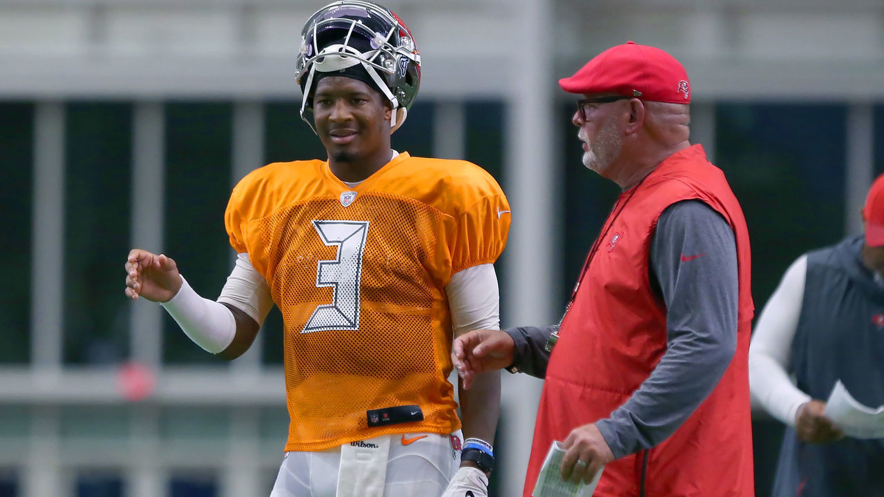 TAMPA, FL - AUG 03: Quarterback Jameis Winston (3) has a word with Head Coach Bruce Arians during the Tampa Bay Buccaneers Training Camp on August 03, 2019 at the AdventHealth Training Center at One Buccaneer Place in Tampa, Florida.