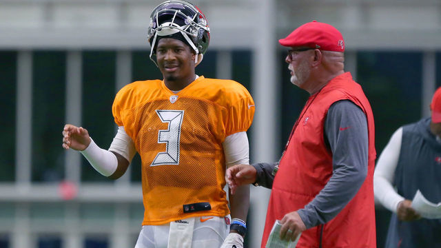 TAMPA, FL - AUG 03: Quarterback Jameis Winston (3) has a word with Head Coach Bruce Arians during the Tampa Bay Buccaneers Training Camp on August 03, 2019 at the AdventHealth Training Center at One Buccaneer Place in Tampa, Florida.