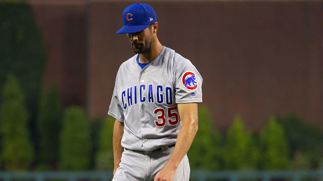 PHILADELPHIA, PA - AUGUST 14: Cole Hamels #35 of the Chicago Cubs walks to the dugout after the end of the second inning against the Philadelphia Phillies at Citizens Bank Park on August 14, 2019 in Philadelphia, Pennsylvania.