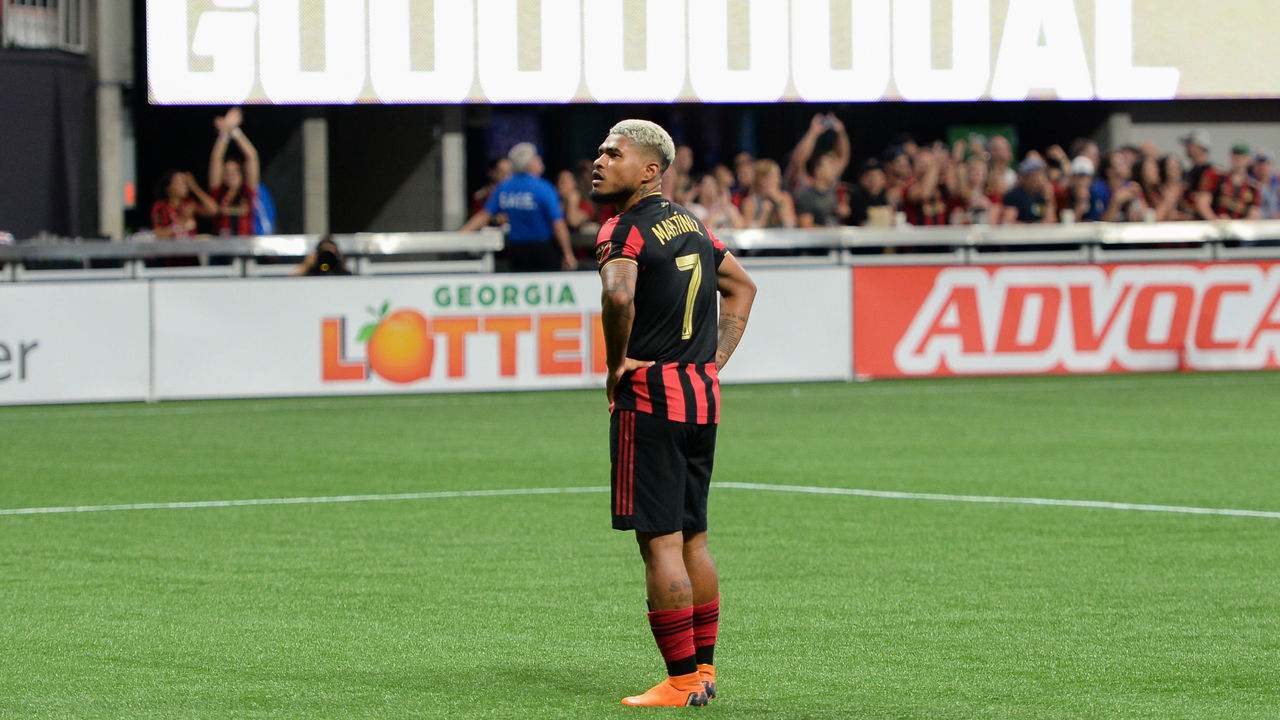 ATLANTA, GA JUNE 01: Atlanta's Josef Martinez (7) strikes a pose after scoring a first half goal during the MLS match between the Chicago Fire and Atlanta United FC on June 1st, 2019 at Mercedes Benz Stadium in Atlanta, GA.