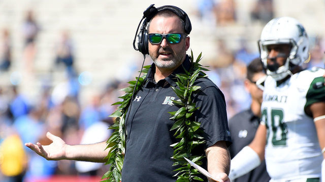 PASADENA, CA - SEPTEMBER 09: Head coach Nick Rolovich of the Hawaii Warriors during the game against the UCLA Bruins at the Rose Bowl on September 9, 2017 in Pasadena, California.