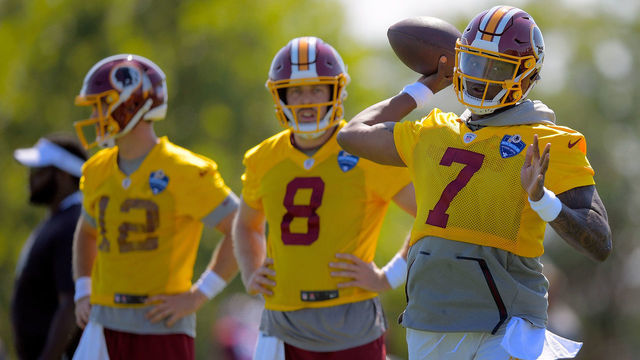 RICHMOND, VA - JULY 25: Washington Redskins quarterbacks Colt McCoy (12) , left, Case Keenum (8), center, and Washington Redskins quarterback Dwayne Haskins (7) during day 1 of summer training camp in Richmond, VA on July 25, 2019 .