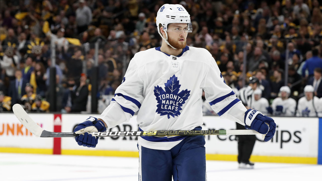 BOSTON, MA - APRIL 19: Toronto Maple Leafs right wing William Nylander (29) skates out for a shift during Game 5 of the First Round Stanley Cup Playoffs between the Boston Bruins and the Toronto Maple Leafs on April 19, 2019, at TD garden in Boston, Massachusetts.