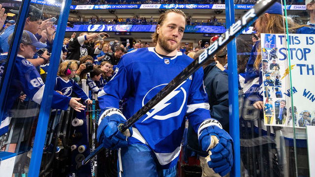 TAMPA, FL - APRIL 10: Victor Hedman #77 of the Tampa Bay Lightning gets ready for the game against the Columbus Blue Jackets in Game One of the Eastern Conference First Round during the 2019 NHL Stanley Cup Playoffs at at Amalie Arena on April 10, 2019 in Tampa, Florida.