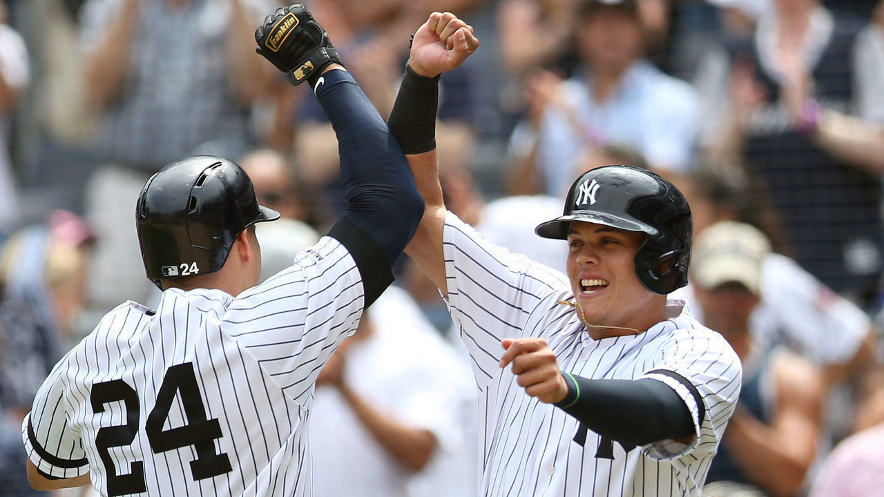BRONX, NY - AUGUST 14: Gary Sanchez #24 of the New York Yankees celebrates his home run with Gio Urshela #29 against the Baltimore Orioles at Yankee Stadium on Wednesday, August 14, 2019 in the Bronx borough of New York City.
