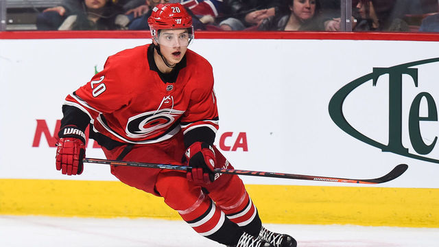 MONTREAL, QC - DECEMBER 13: Look on Carolina Hurricanes center Sebastian Aho (20) during the Carolina Hurricanes versus the Montreal Canadiens game on December 13, 2018, at Bell Centre in Montreal, QC