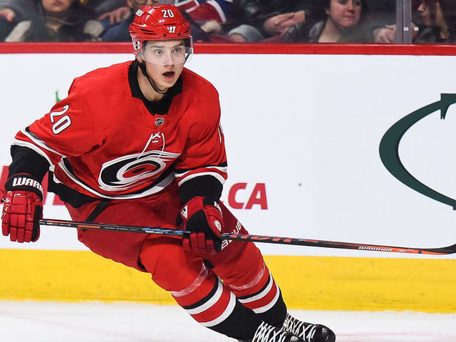 MONTREAL, QC - DECEMBER 13: Look on Carolina Hurricanes center Sebastian Aho (20) during the Carolina Hurricanes versus the Montreal Canadiens game on December 13, 2018, at Bell Centre in Montreal, QC