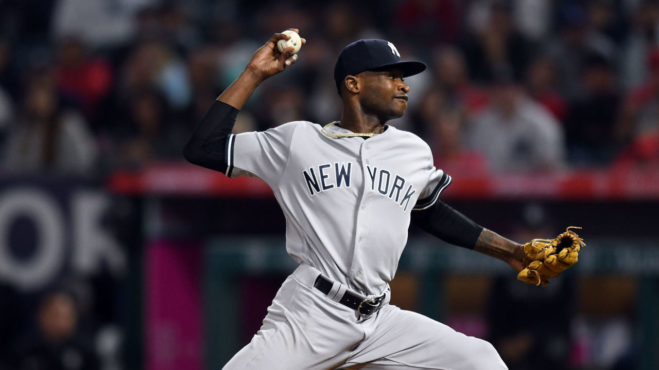 ANAHEIM, CA - APRIL 23: New York Yankees pitcher Domingo Germán (55) in action during the fifth inning of a game against the Los Angeles Angels played on April 23, 2019 at Angel Stadium of Anaheim in Anaheim, CA.