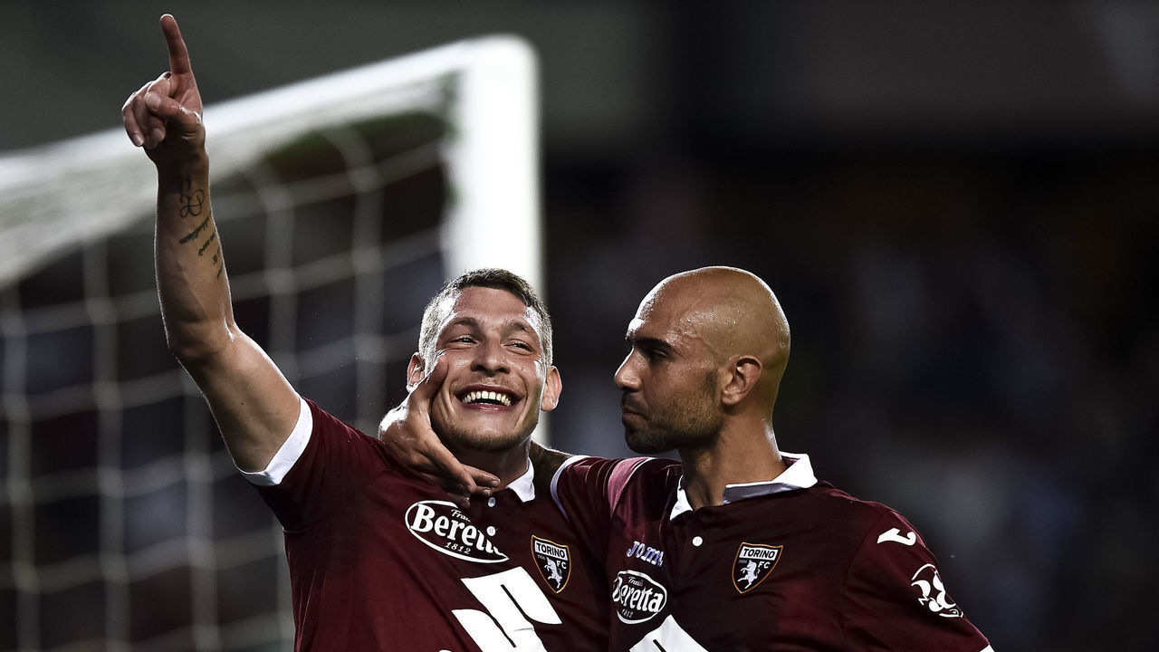 STADIO OLIMPICO GRANDE TORINO, TURIN, ITALY - 2019/08/08: Andrea Belotti (L) of Torino FC celebrates with Simone Zaza after scoring a goal during the UEFA Europa League third qualifying round football match between Torino FC and FC Shakhtyor Soligorsk. Torino FC won 5-0 over FC Shakhtyor Soligorsk.