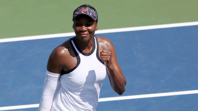 MASON, OHIO - AUGUST 15: Venus Williams of the United States celebrates match point against Donna Vekic of Croatia during Day 6 of the Western and Southern Open at Lindner Family Tennis Center on August 15, 2019 in Mason, Ohio.