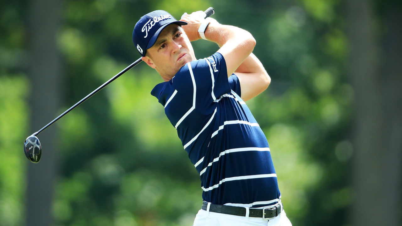 MEDINAH, ILLINOIS - AUGUST 15: Justin Thomas of the United States plays his shot from the 18th tee during the first round of the BMW Championship at Medinah Country Club No. 3 on August 15, 2019 in Medinah, Illinois.