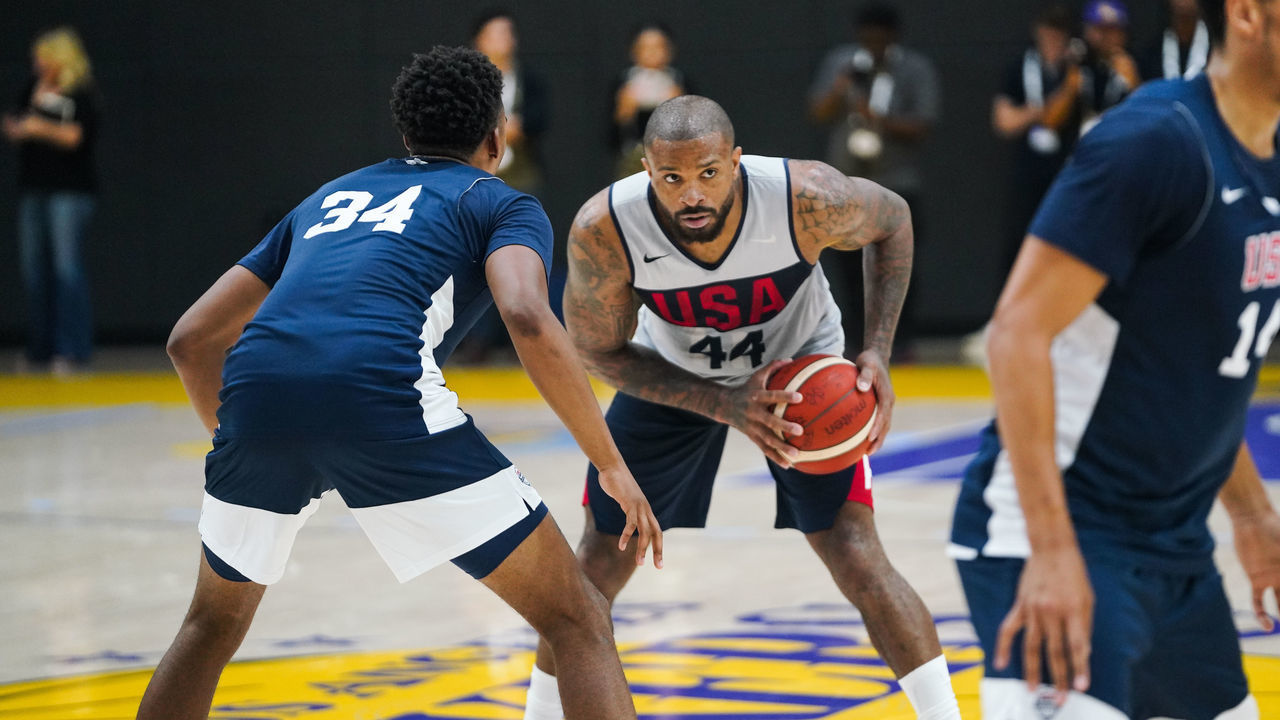 EL SEGUNDO, CALIFORNIA - AUGUST 14: PJ Tucker #44 handles the ball during a scrimmage at the 2019 USA Men's National Team World Cup training camp at UCLA Health Training Center on August 14, 2019 in El Segundo, California.