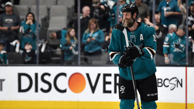 SAN JOSE, CA - APRIL 26: Joe Thornton #19 of the San Jose Sharks celebrates the win against the Colorado Avalanche in Game One of the Western Conference Second Round during the 2019 NHL Stanley Cup Playoffs at SAP Center on April 26, 2019 in San Jose, California