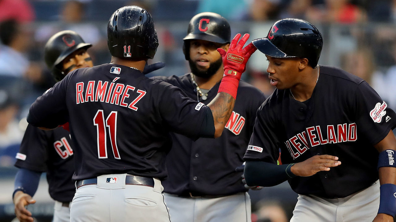 NEW YORK, NEW YORK - AUGUST 15: Jose Ramirez #11 of the Cleveland Indians is congratulated by teammate Greg Allen #1 after Ramirez hit a grand slam in the first inning against the New York Yankees at Yankee Stadium on August 15, 2019 in the Bronx borough of New York City.