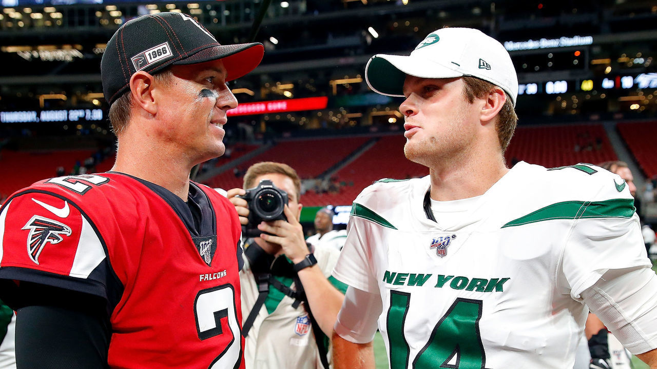 ATLANTA, GEORGIA - AUGUST 15: Matt Ryan #2 of the Atlanta Falcons converses with Sam Darnold #14 of the New York Jets after their 22-10 loss during a preseason game at Mercedes-Benz Stadium on August 15, 2019 in Atlanta, Georgia.